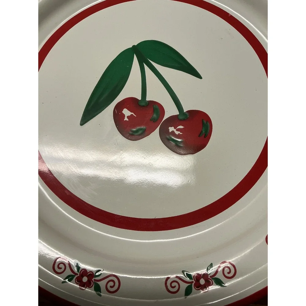 Vintage Enamelware Cherry‎ Plate and Bowl Set White Red Farmhouse Kitchen Decor